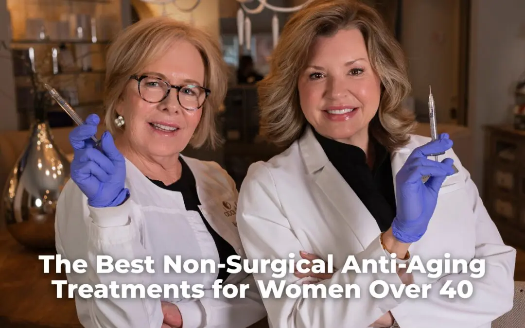 Two female aesthetic providers holding injectable syringes promoting non-surgical anti-aging treatments for women over 40 at About Face Skin Care Medical Aesthetics.